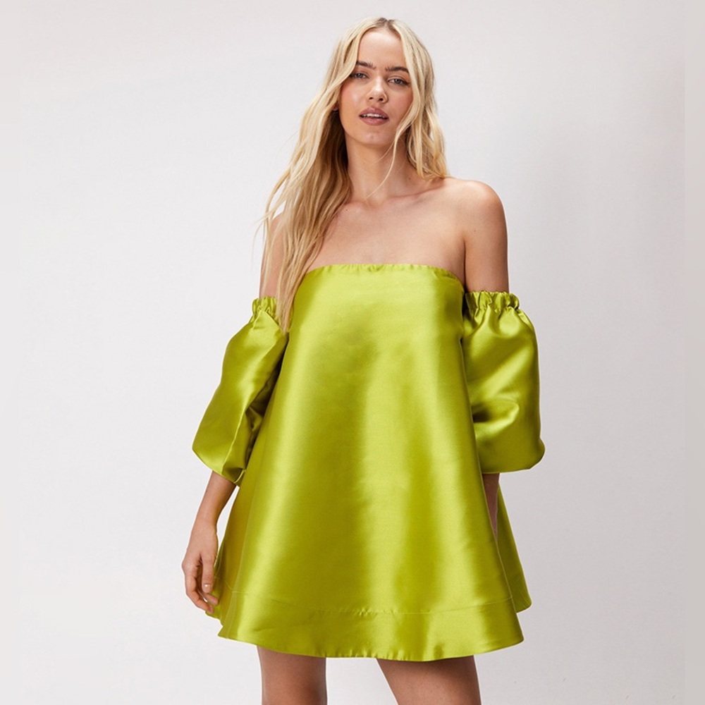 ISO Nasty Gal Structured Bardot Puff Sleeve Mini Dress